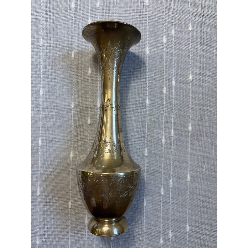 Vintage Brass Bud Vase MCM with Light Abstract Leaves Etching 9.25" Tall